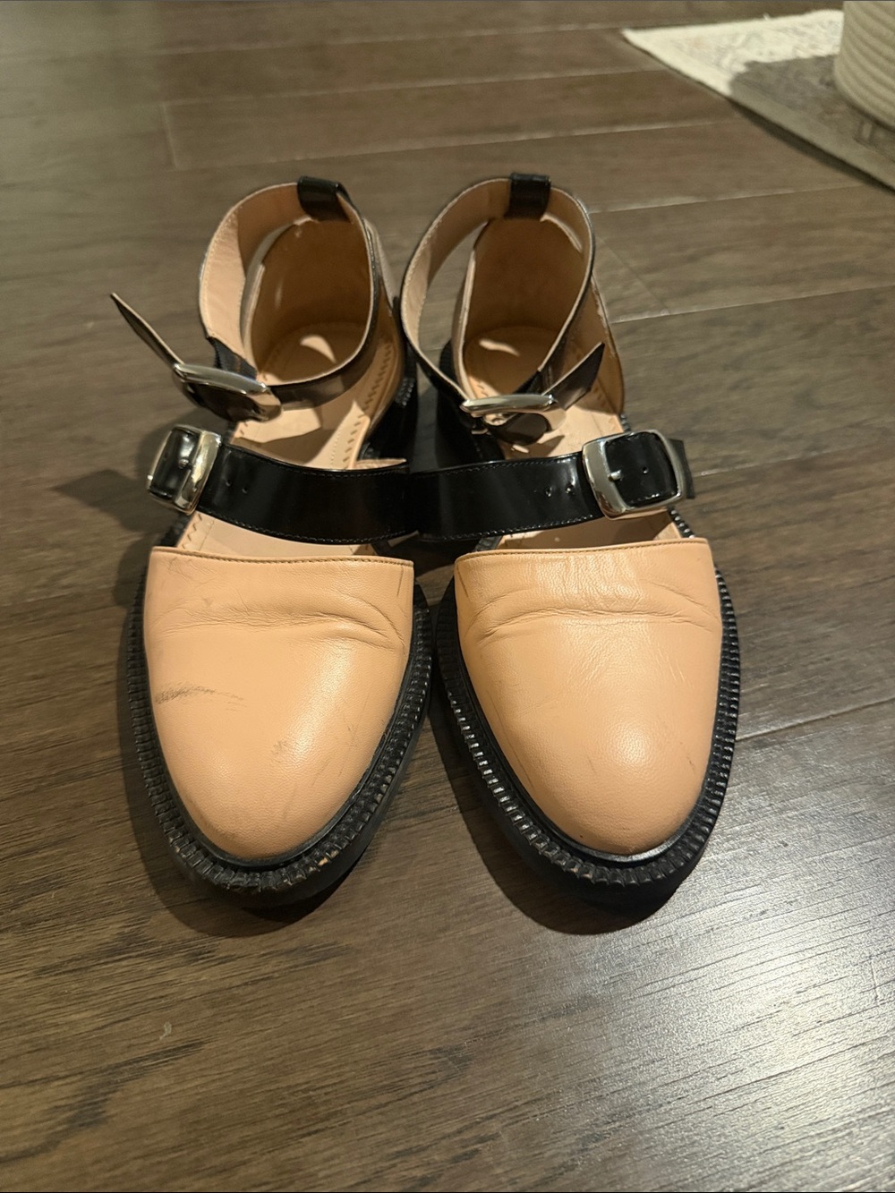 Two-Tone Beige and Black Ankle-Strap Flats